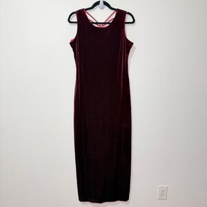 Vintage 90’s wmn Burgundy Velvet Strappy Back maxi Dress Rhinestone Sleeveless